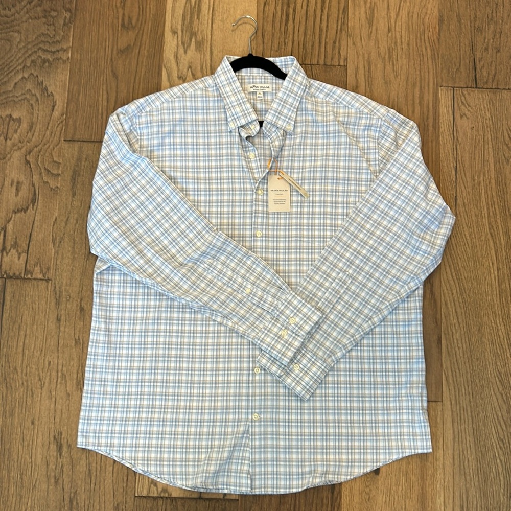 NWT Men’s XL Peter Millar Crown Sport Blue and Tan Plaid Long-Sleeve Shirt